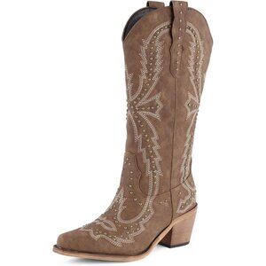 ⚡Women's Brown Western Cowgirl Boots Embroidered Knee High Comfortable Vintage
